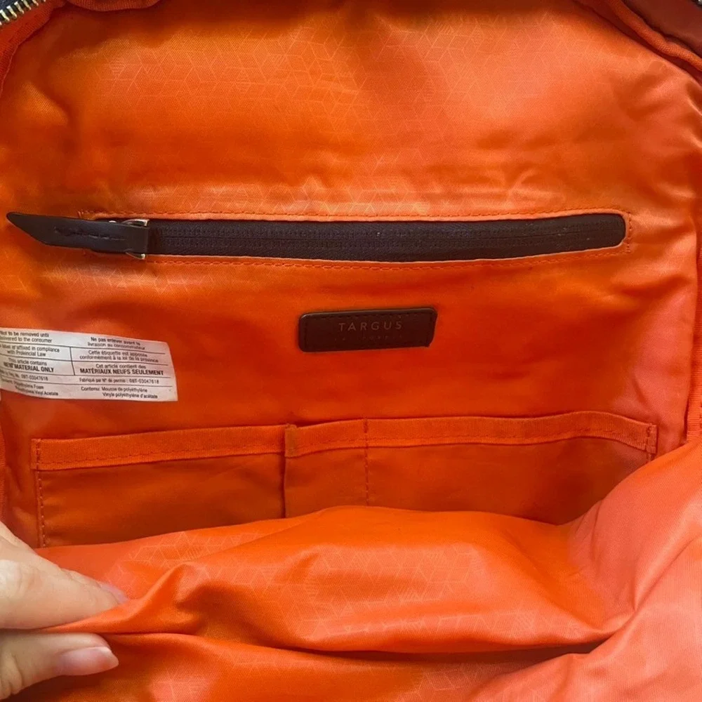 Targus Black Nylon Faux Leather Backpack Laptop Bag Gold Accents Orange Interior